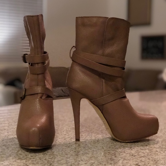JustFab Shoes - JustFab Heeled Boots - Brown Faux Leather
